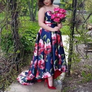 Size 8 Blush Gown - Navy Dress with Red and Pink Peony Flowers